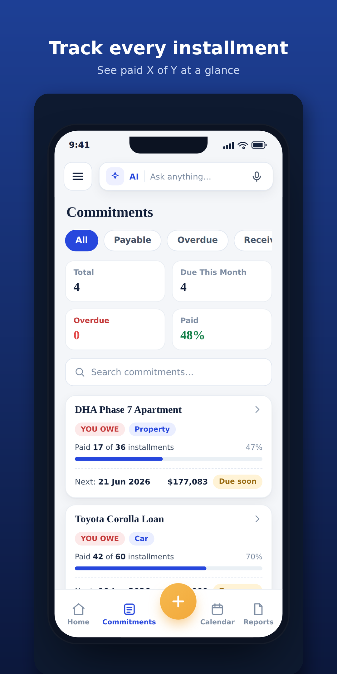 Wajib AI commitments list with installment progress