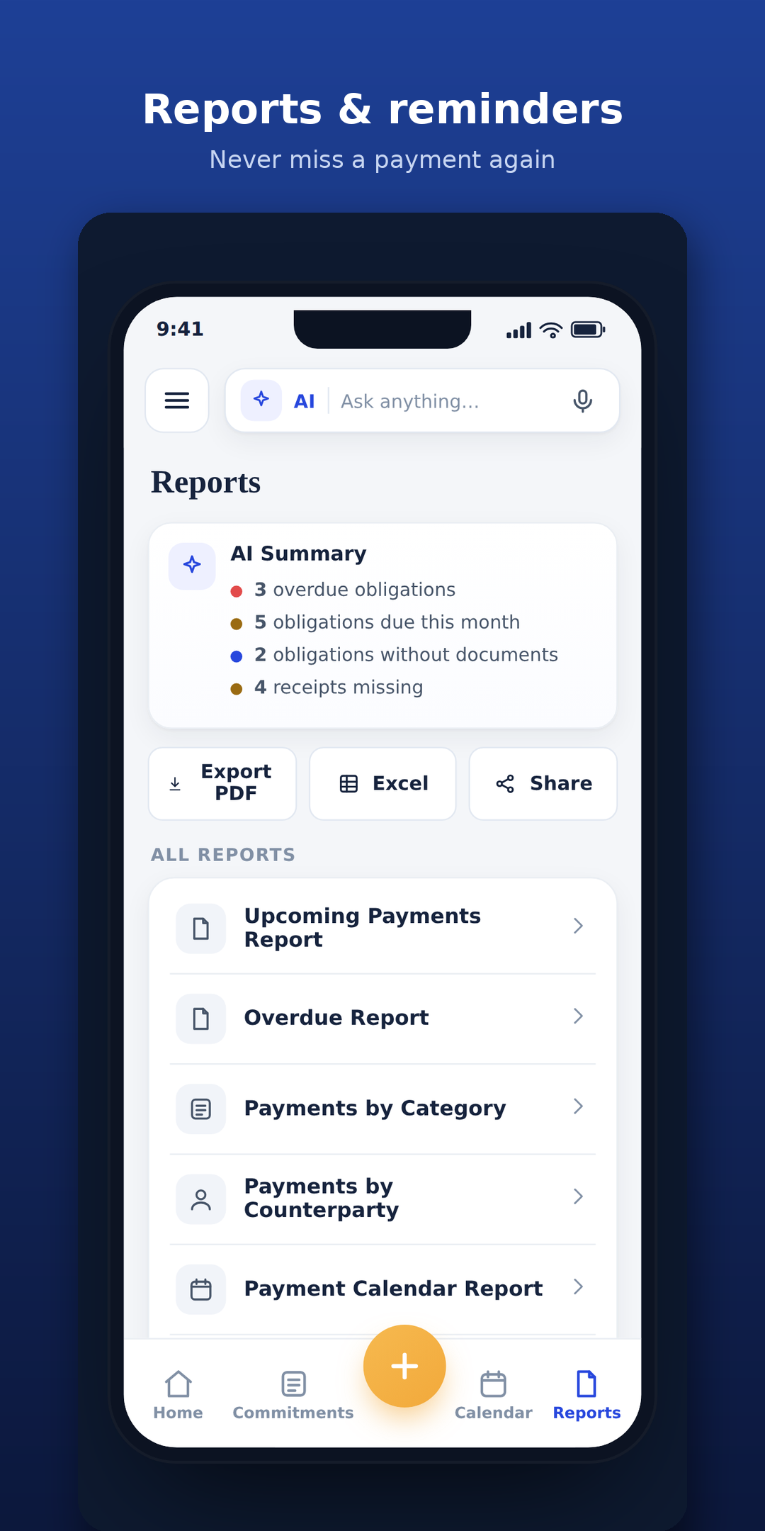 Wajib AI reminders and reports screen